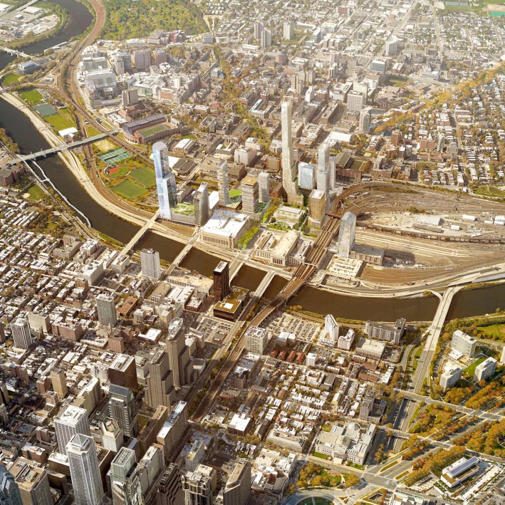 Aerial rendering of Philadelphia with fully built Schuylkill Yards