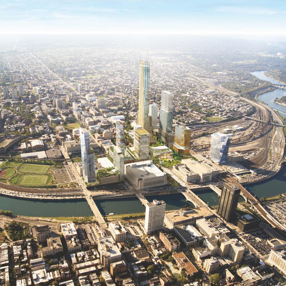 Aerial view of Schuylkill Yards development site