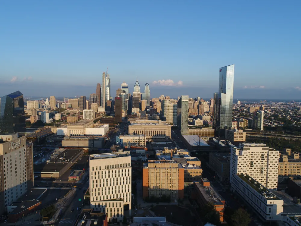 Drone shot of University City on a sunny day
