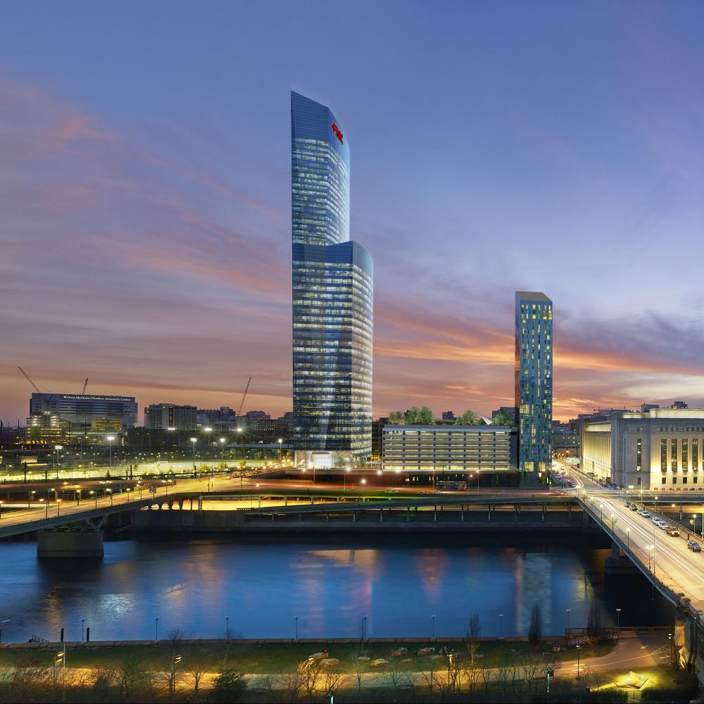 View of FMC Tower from across the river at dusk