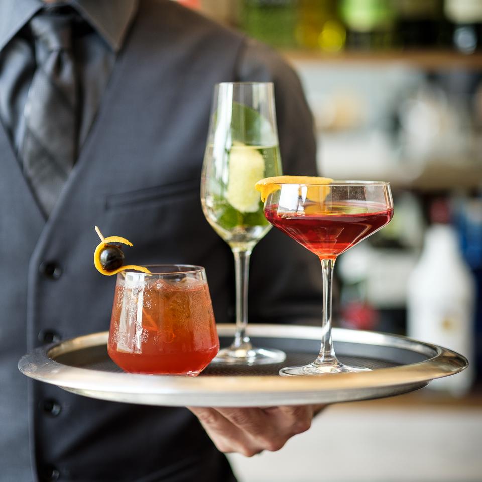 Close up of cocktails on a tray at Level 28