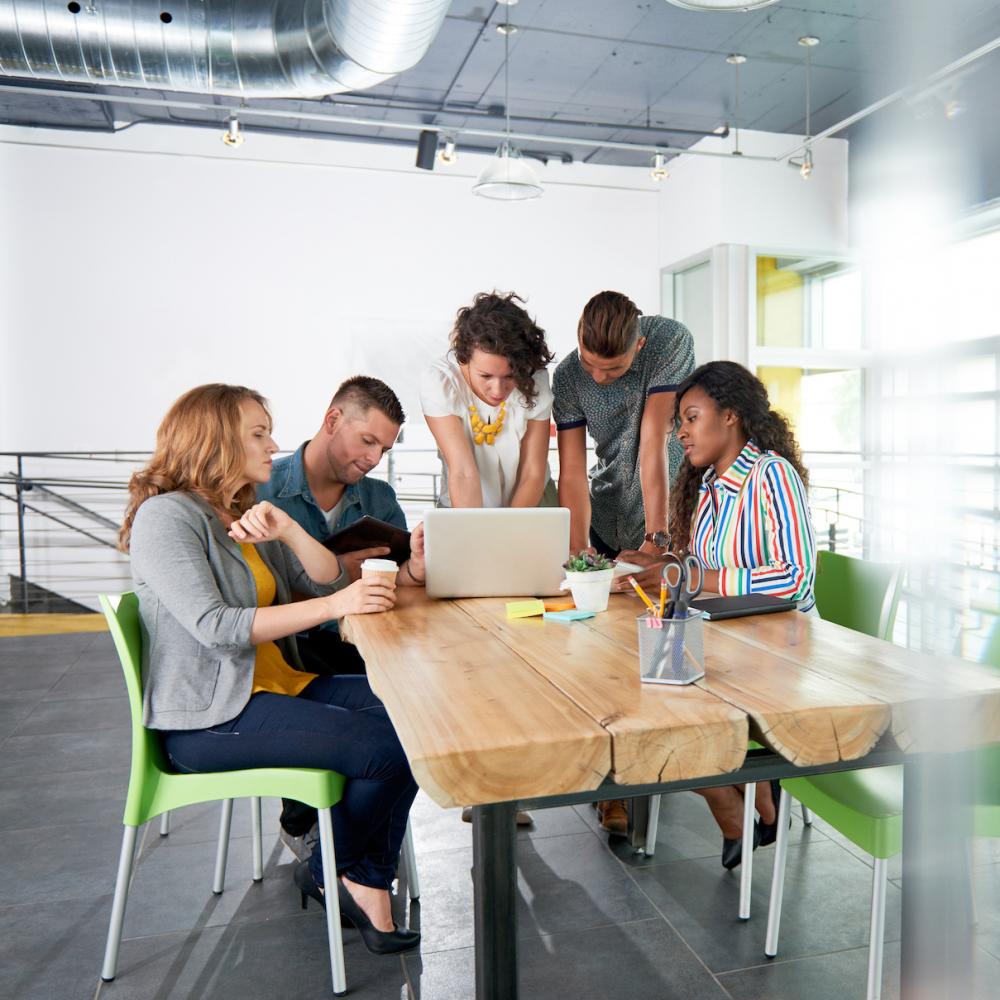 Workers gather around a conference table in an airy open office