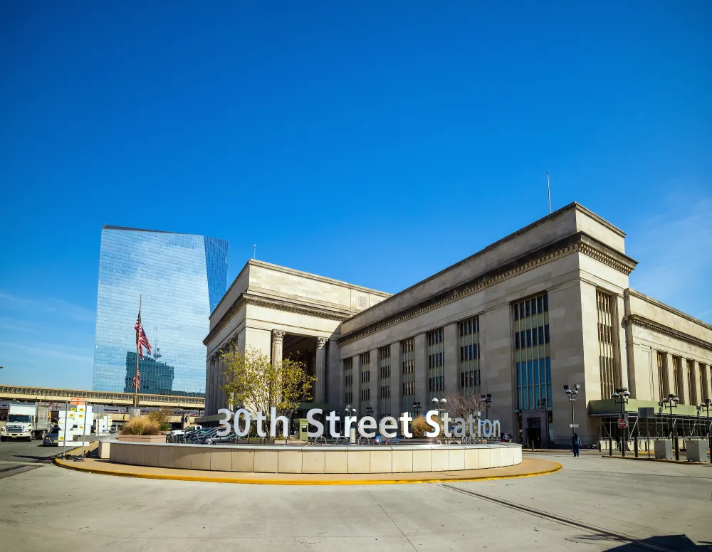 View of 30th Street Station on a bright sunny day