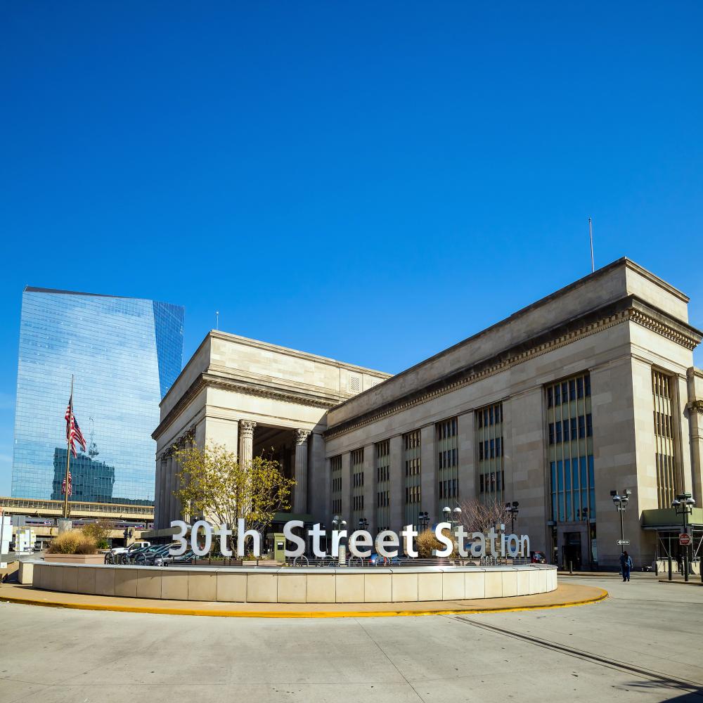 View of 30th Street Station on a bright sunny day