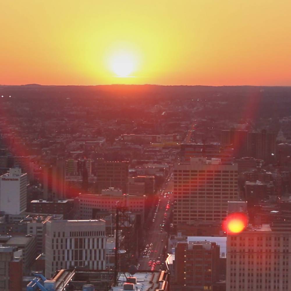 Birds eye view of West Philadelphia at sunset
