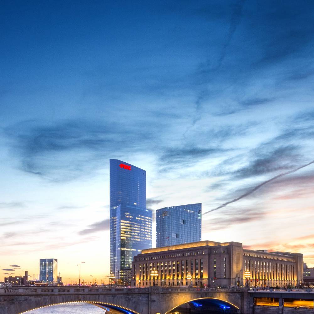 FMC Tower at dusk on the Schuylkill River