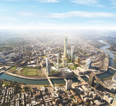 Aerial view of Schuylkill Yards development site