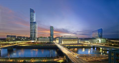 View of FMC Tower from across the river at dusk