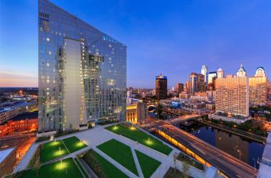 Nighttime aerial view of rooftop park Cira Green