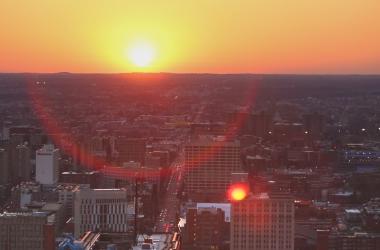 Aerial view of West Philly during a sunset